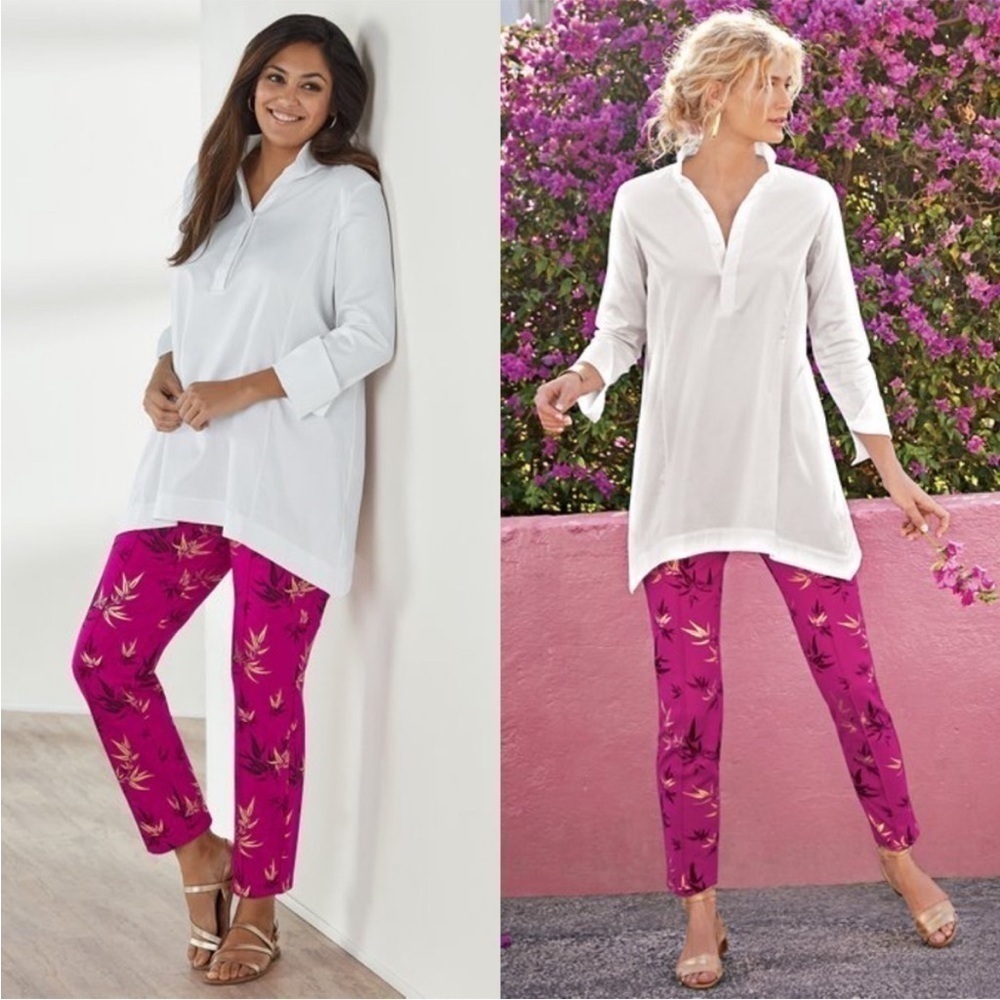 Soft Surroundings Emiko Ponte Straight Leg Stretch Ankle Pants Pink Gold Floral